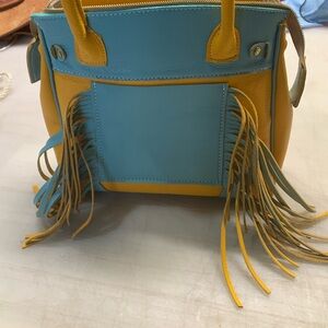 Stylish Blue and Yellow All Leather Fringe Handbag